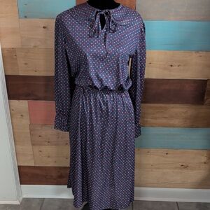Sears Navy Multicolor Polka Dot Long-Sleeve Midi Dress